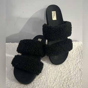 EUC Crown Vintage Women's Sz 9 Black Sherpa Double Strap Slide Slippers Comfy
